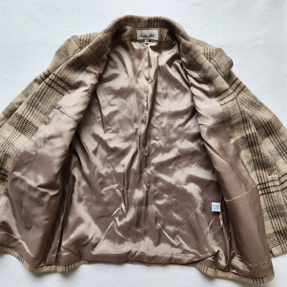 Austin Hill Beige Brown Plaid 100% Wool Blazer Jacket Preppy Winter Work Office - Picture 8 of 12